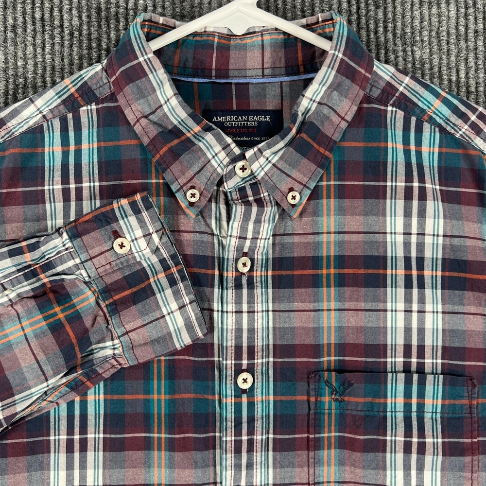 American Eagle Shirt Mens Large Tall LT Red Plaid Long Sleeve Button Up Athletic